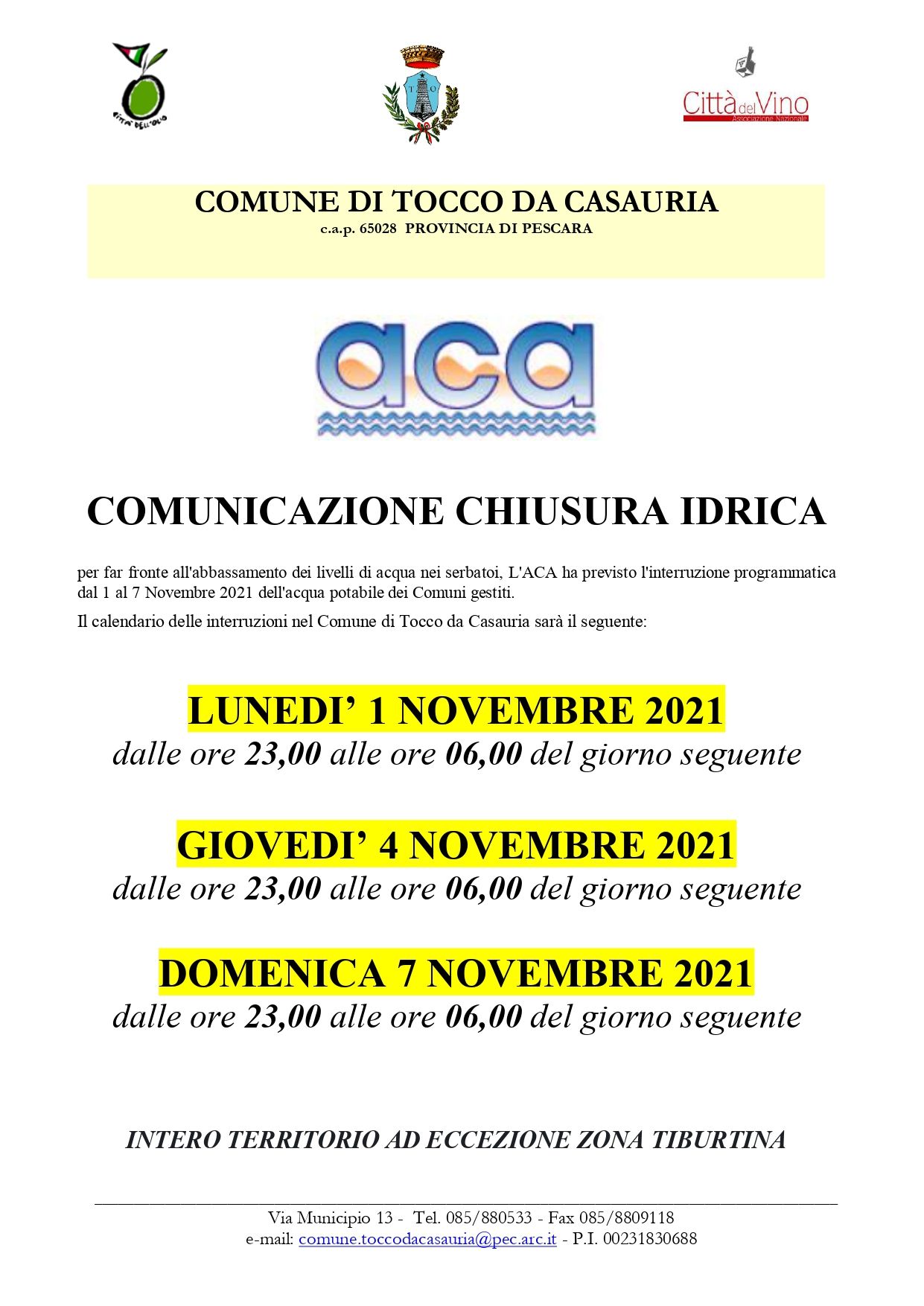 CALENDARIO CHIUSURA ACQUA